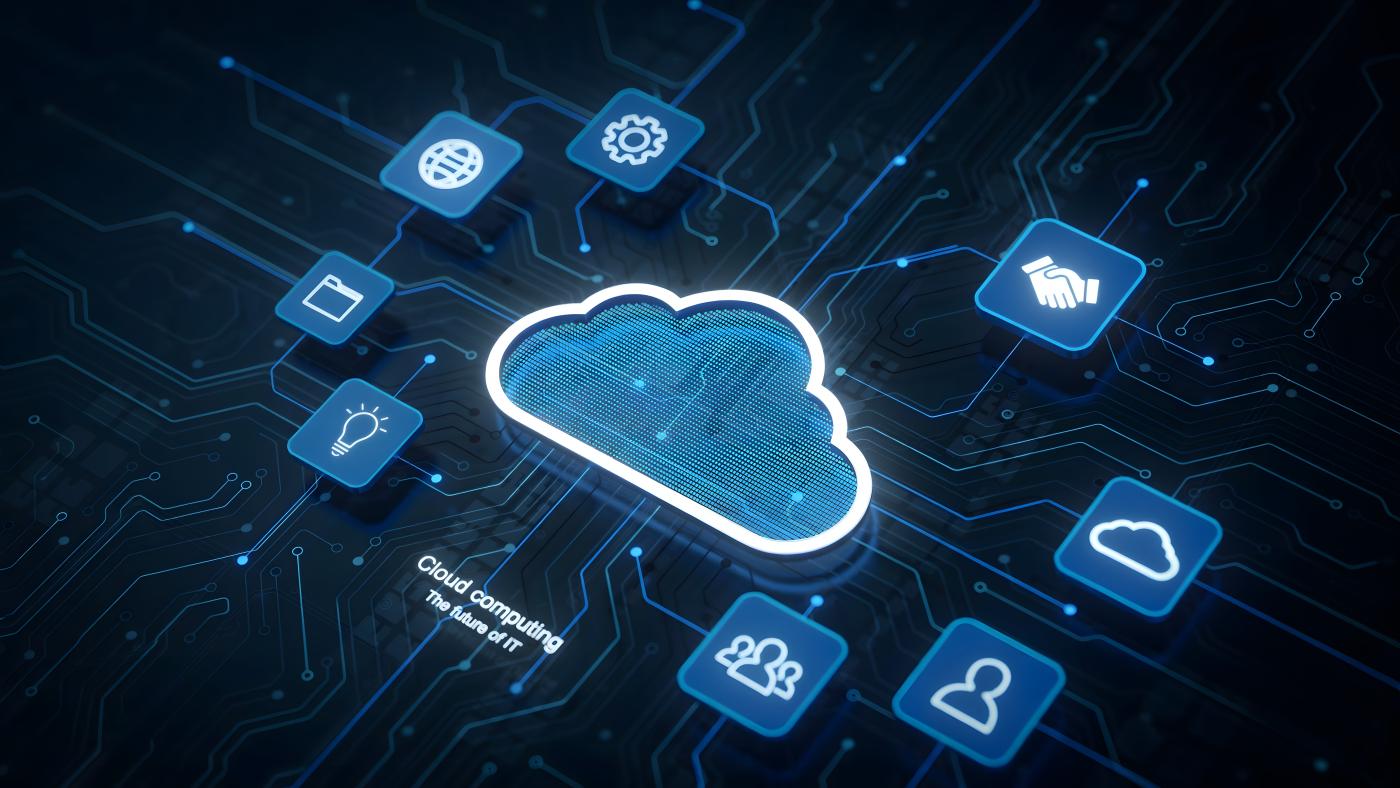 Cloud computing concept featuring a glowing central cloud connected business symbols, and digital circuit board lines on dark blue.