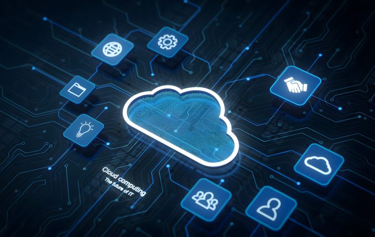 Cloud computing concept featuring a glowing central cloud connected business symbols, and digital circuit board lines on dark blue.